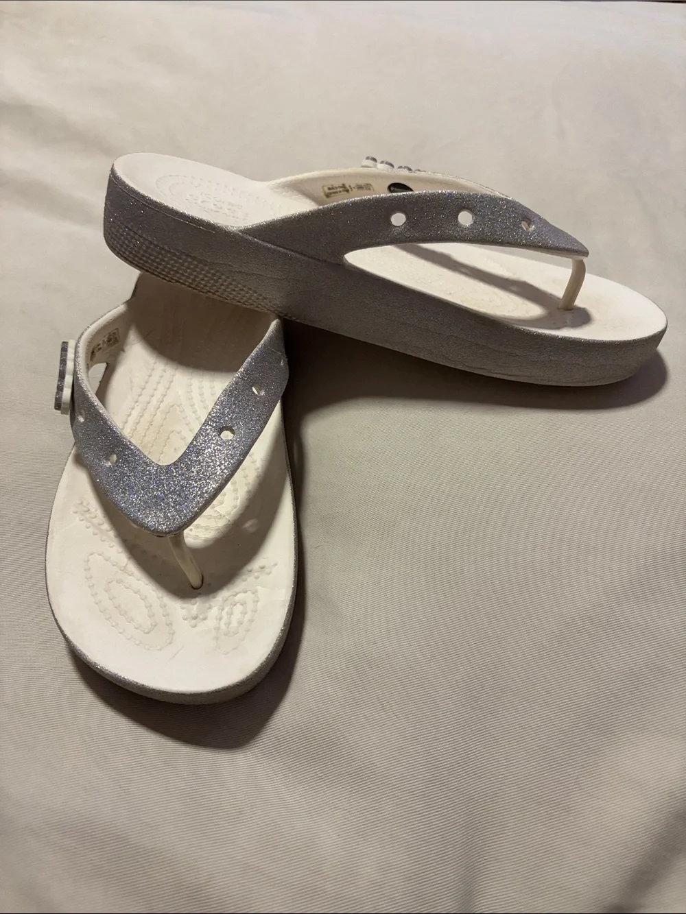 CROCS Women’s Glitter Platform Flip Flops - White/Silver